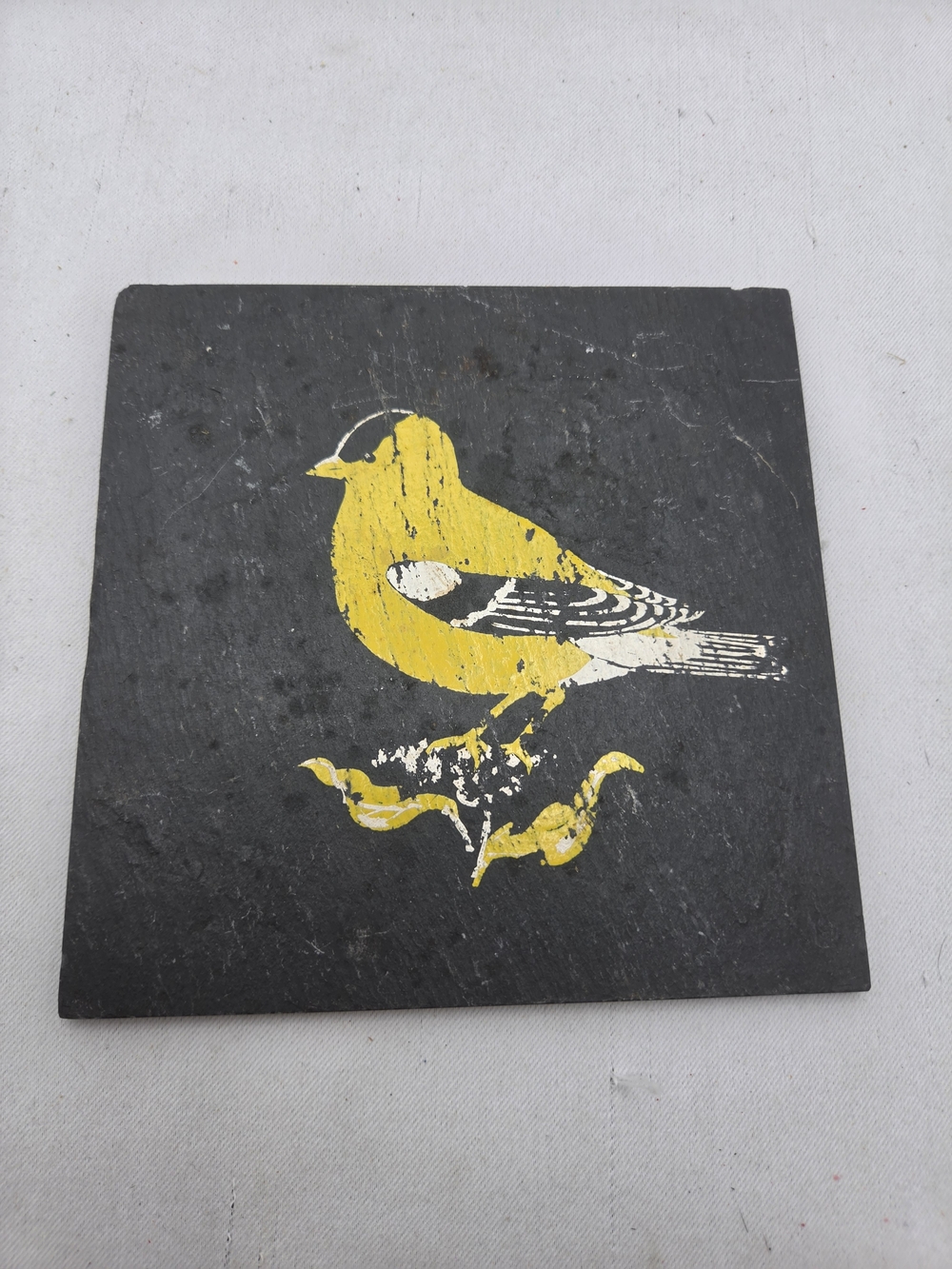 Vintage American Goldfinch Slate Coaster Trivet Square Black Yellow Bird Art 6x6